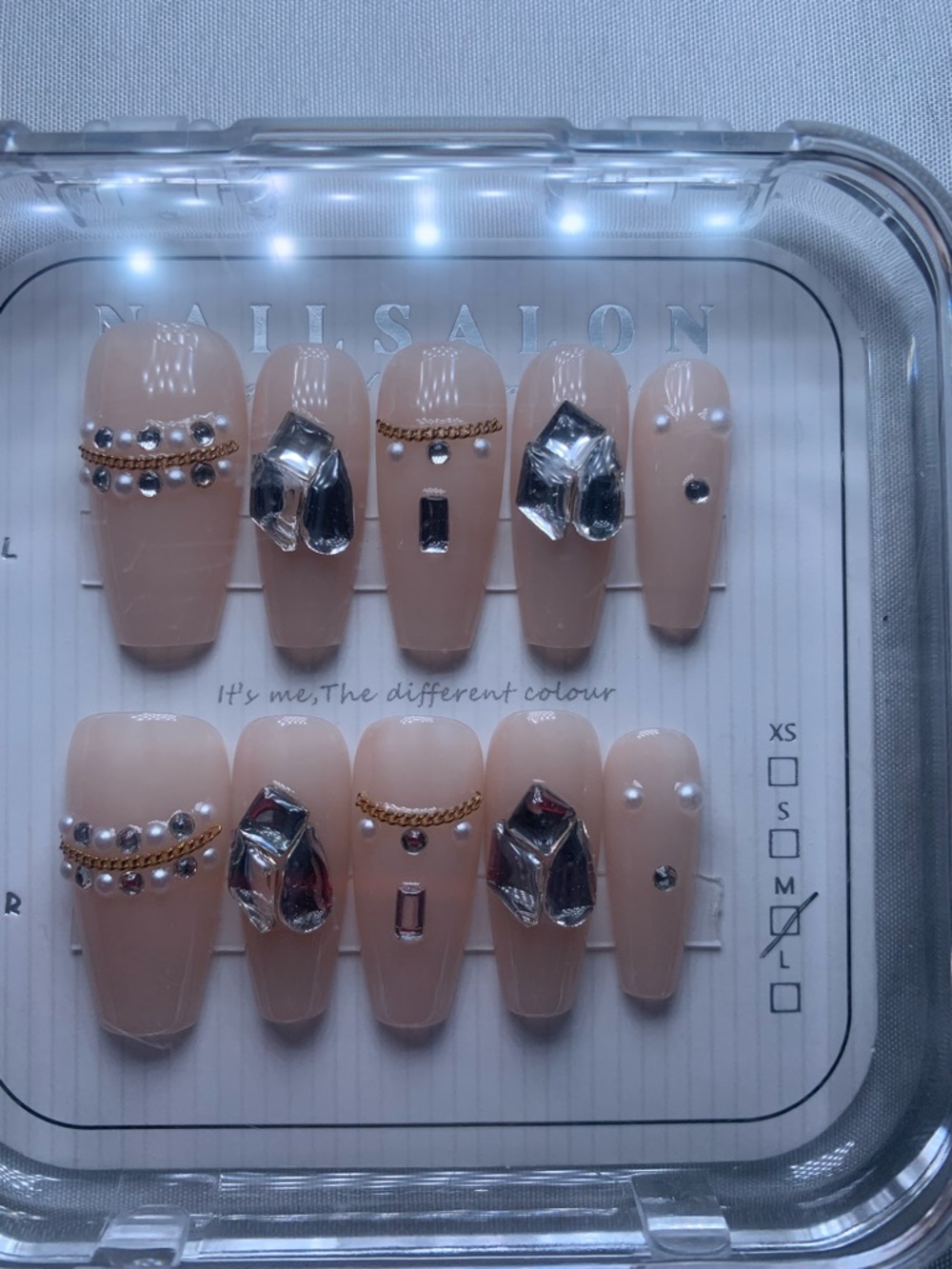 Neutral Nude Press-On Nails with Silver Accents